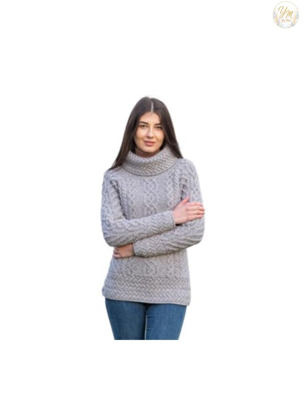 100% Merino Wool Aran Cable Knit Pullover Sweater Funnel Neck Irish Fisherman
